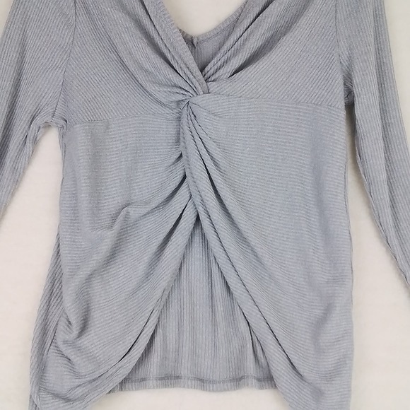 Soncy Ribbed Knit Sweater Sz 10 Gray Oversized Stretchy V Neck Twist Open Back - Picture 1 of 11